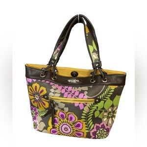 Spartina 449 Multicolor Floral Shoulder Bag, Linen & Leather, Brown Purple Gold